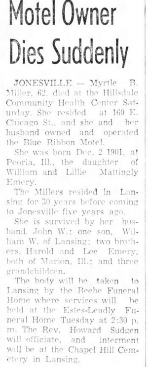 Blue Ribbon Motel - Sept 28 1964 Former Owner Passes Away